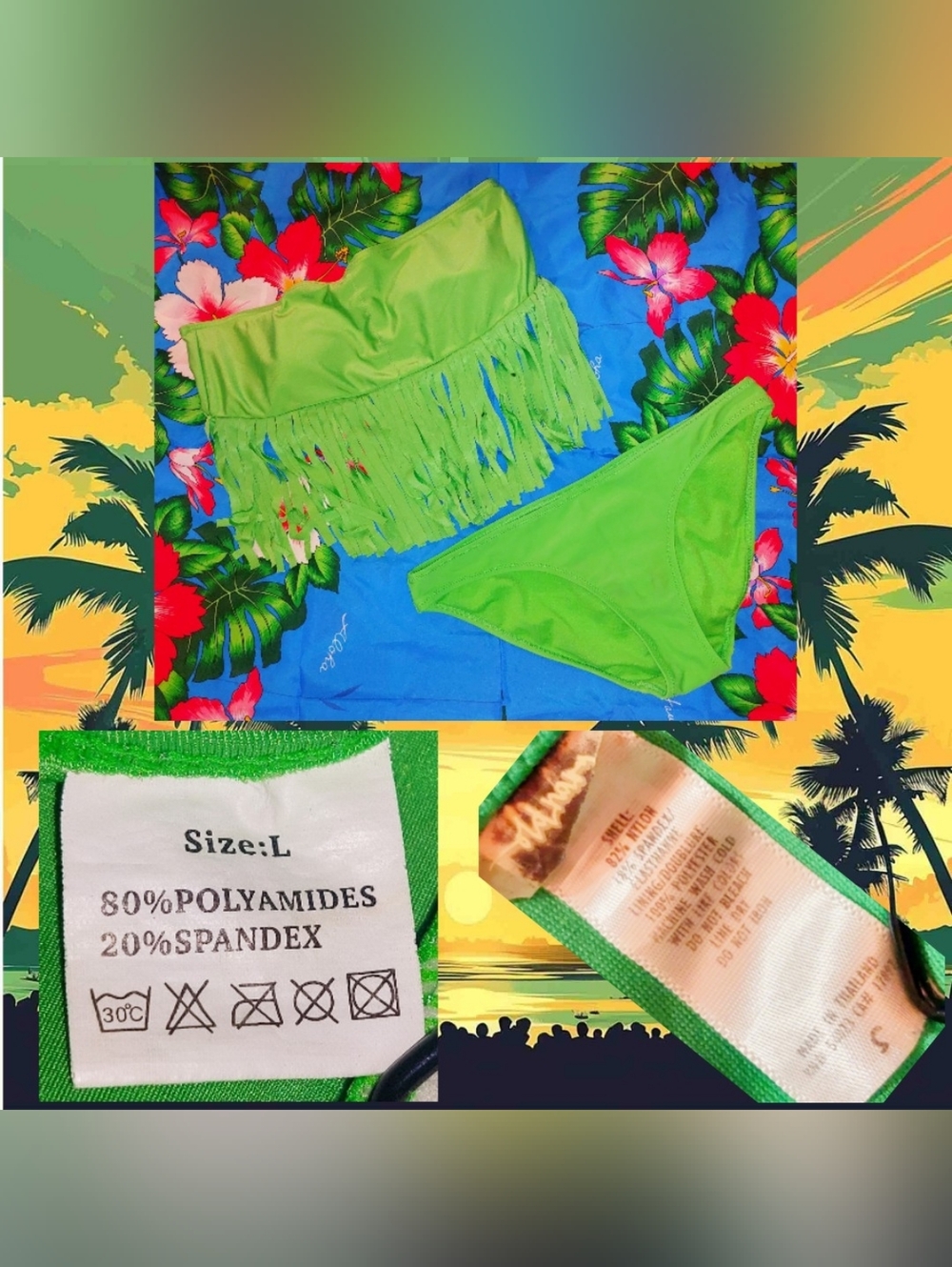 2Pc Mismatch Lime Green Swim Bikini Set Tube Top w/Fringe  Lrg & Swim Bottom Sml